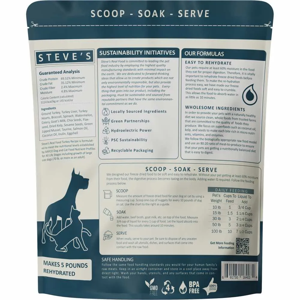 'BUNDLE DEAL FREE WIPES': Steve's Real Food Turkey Grain-Free Freeze-Dried Raw Food For Cats & Dogs 20oz